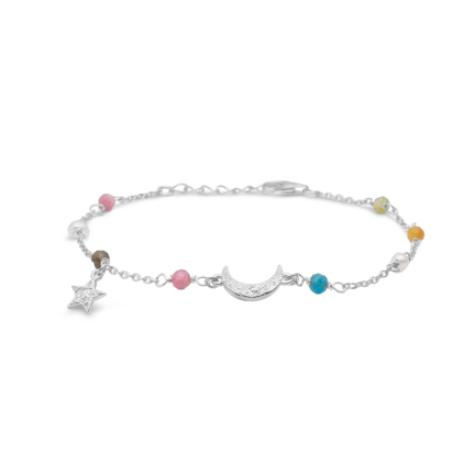 Starlight Bracelet - Farverig perle armbånd med måne og stjerne vedhæng i 925 sterling sølv