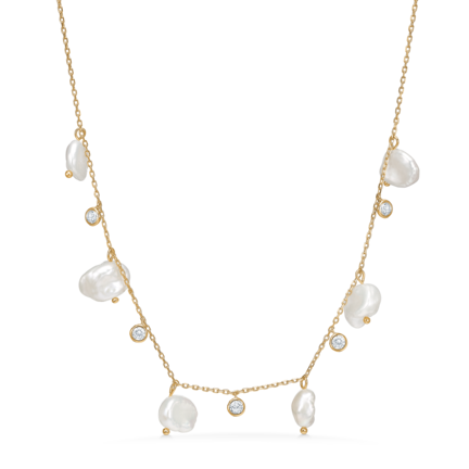 Relic Necklace - Forgyldt halskæde med hvide zirconia sten og organiske kulturperler